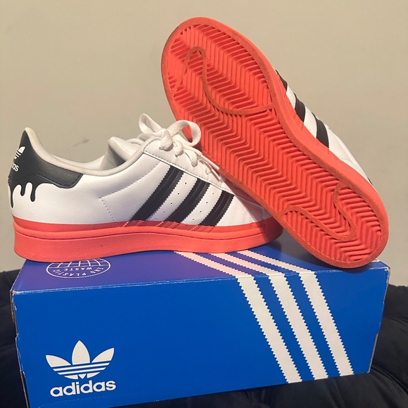 Adidas Superstar J Sneakers – White with Black Stripes & Red-ish Pink Sole - Picture 2 of 5